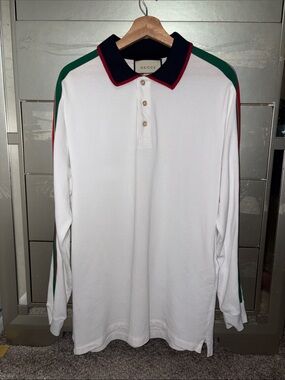 Gucci White Long-Sleeve Polo with Navy Collar and Green & Red Shoulder Stripes